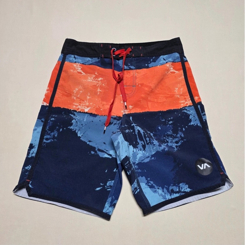 RVCA Men Board Shorts Size 28 Navy Orange 4-Way Stretch Performance Swim Trunks